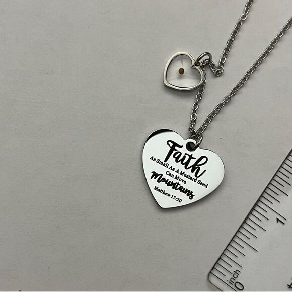 Stainless Steel Mustard Seed Necklace, Heart-Shaped Belief Necklace - Picture 3 of 6